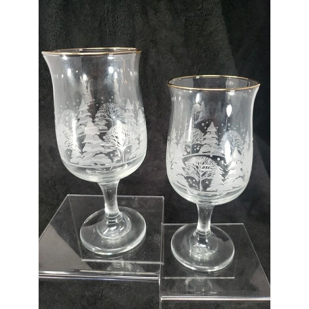 Arby's Libbey Glass Vintage Winter Wonderland Goblets Trees Snow Gold Rim 1980s
